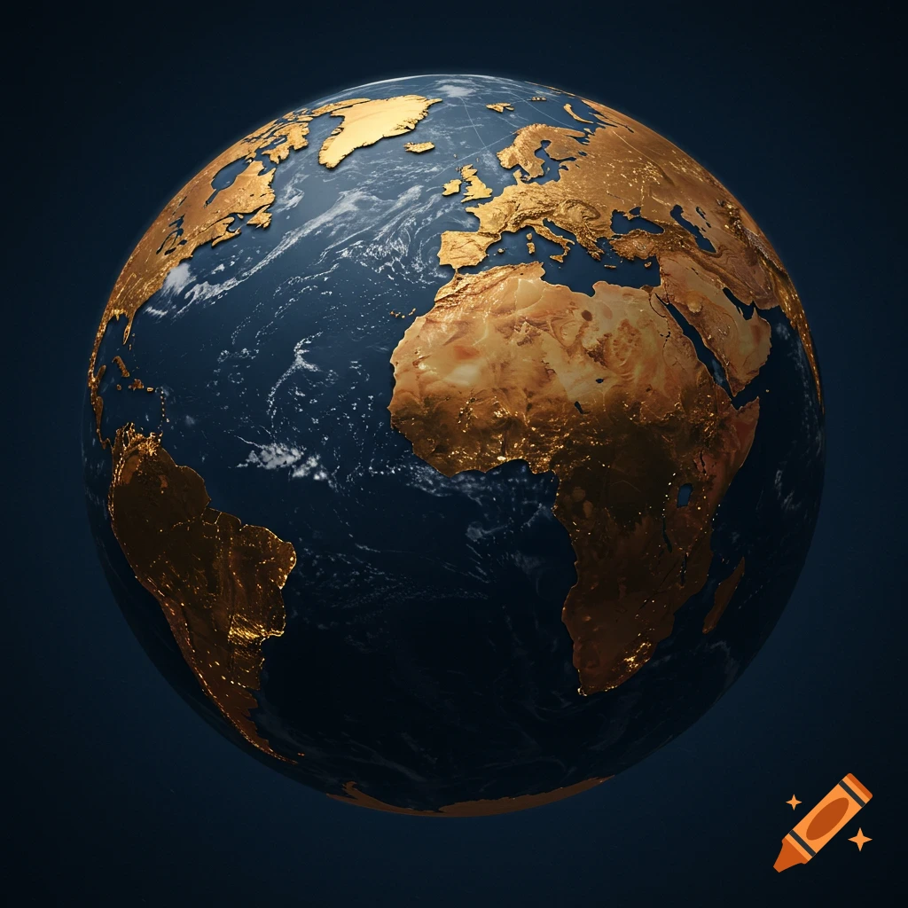 A stylized globe featuring golden landmasses, dark blue oceans with subtle cloud patterns, against a dark background.