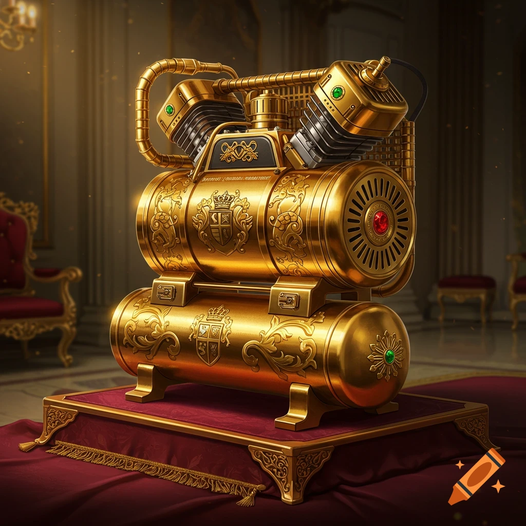 A golden, ornate air compressor with green and red gems sits on a red velvet stand in a luxurious room.