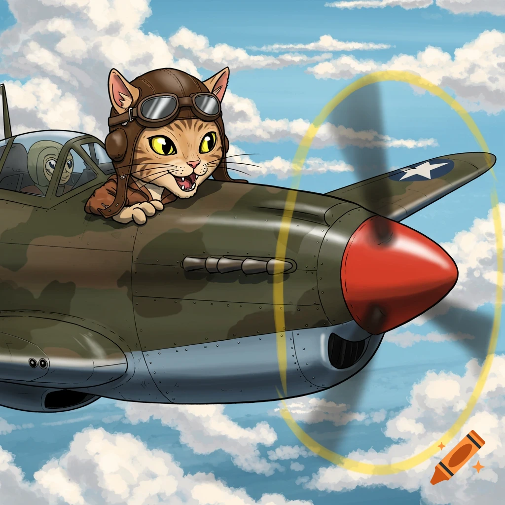 A cartoon cat wearing a pilot's helmet and goggles flies a green camouflage World War 2 airplane through a blue sky with clouds.