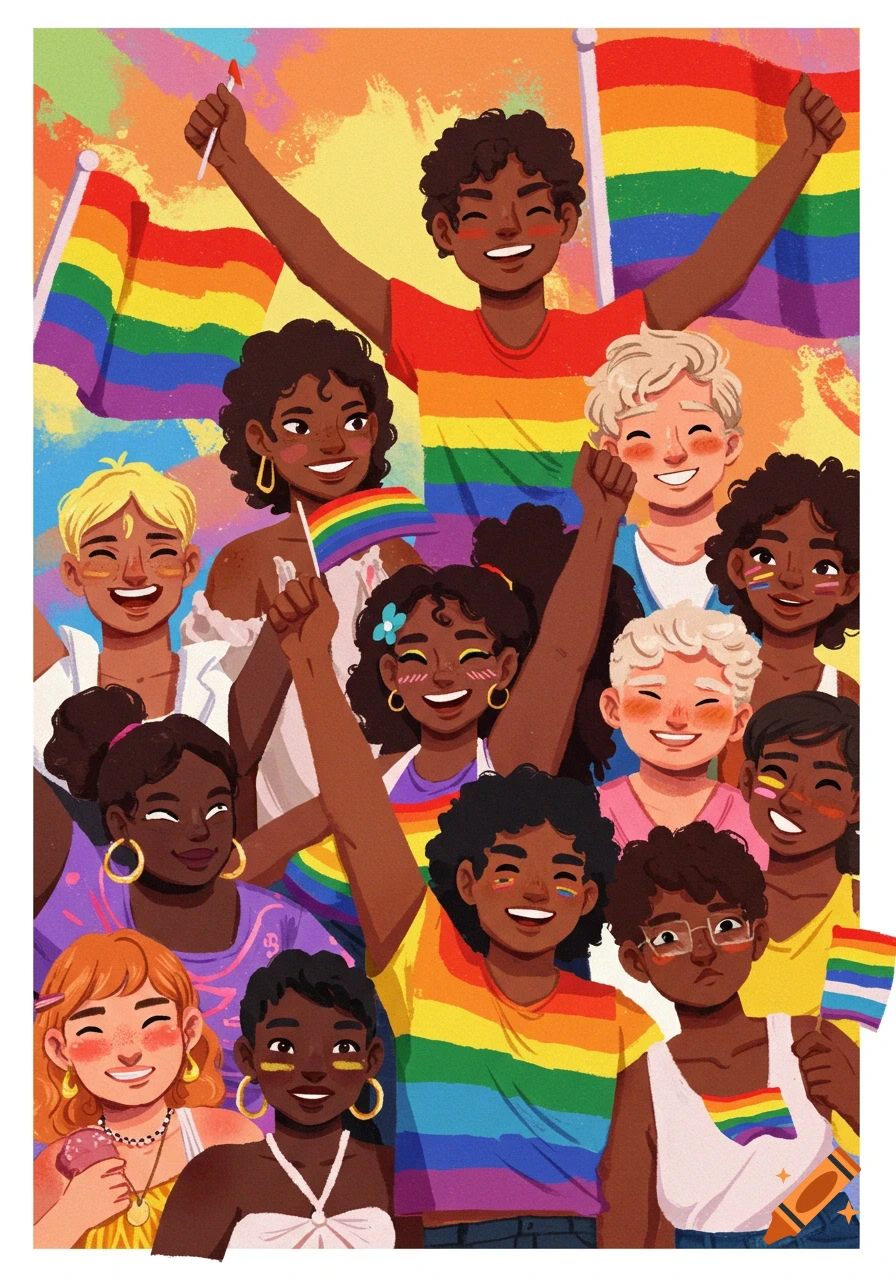 A vibrant illustration of a diverse group of smiling people celebrating Pride, holding rainbow flags and wearing rainbow colors.