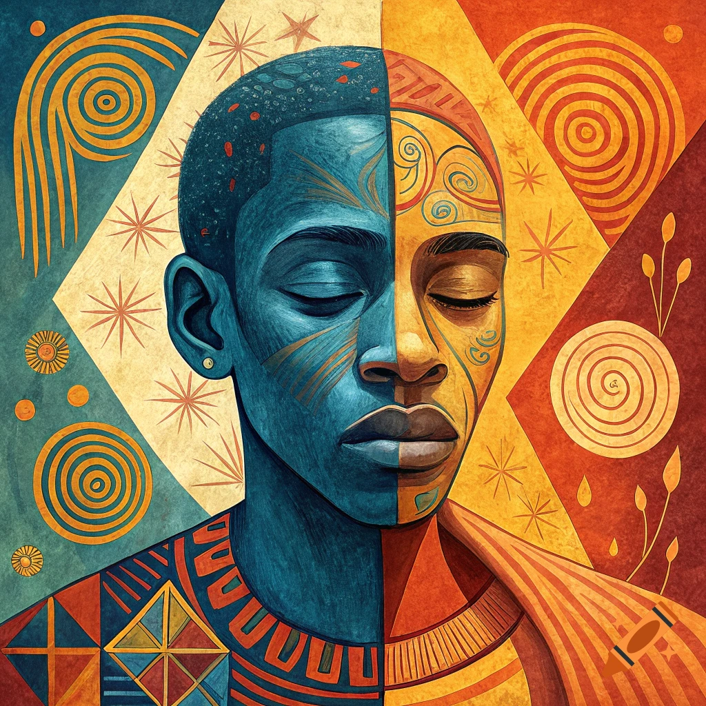 A vibrant cubist portrait of a person with closed eyes, their face split into cool blue and warm orange halves, set against abstract geometric patterns inspired by African art. Painterly textures.