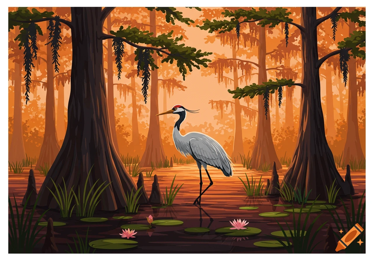 A vector illustration of a crane standing in a swamp with cypress trees and lily pads at sunset.