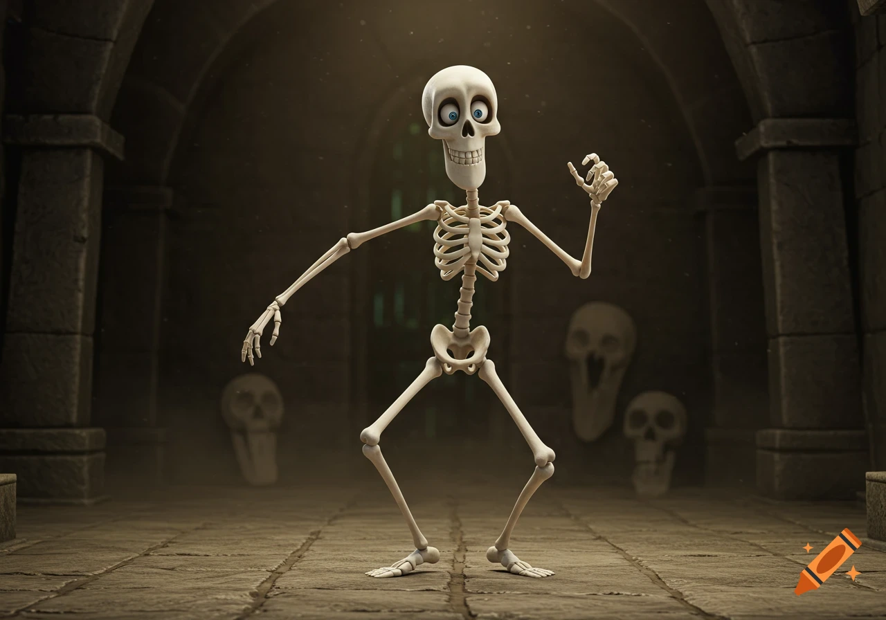 Cartoon skeleton dancing in a dusty crypt