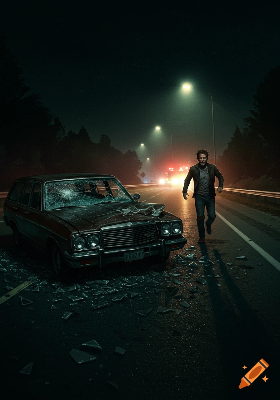 A man runs from a crashed car on a dark highway, illuminated by streetlights and flashing vehicle lights in the distance. Photorealistic.