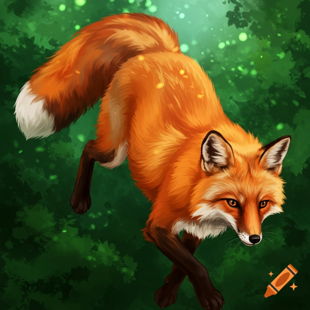 A digital painting of a fox in a forest.