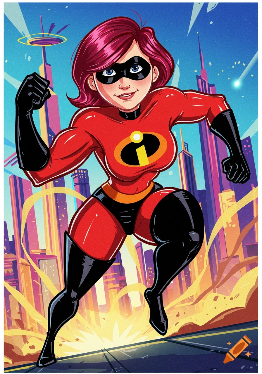 Elastigirl from The Incredibles in a superhero pose in front of a city skyline, in a vibrant cartoon style.