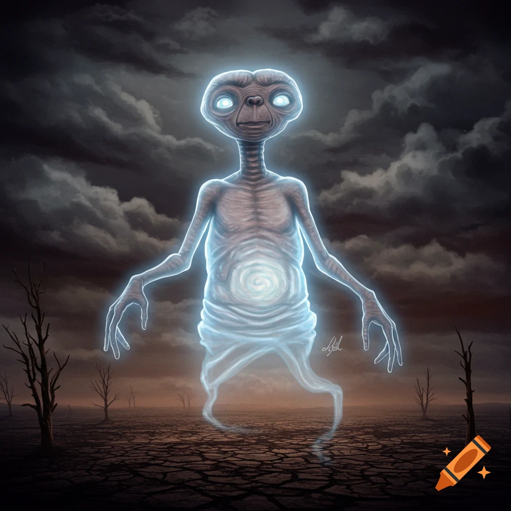 E.T. appears as a glowing ghost floating over cracked earth with bare trees under a dark, cloudy sky.