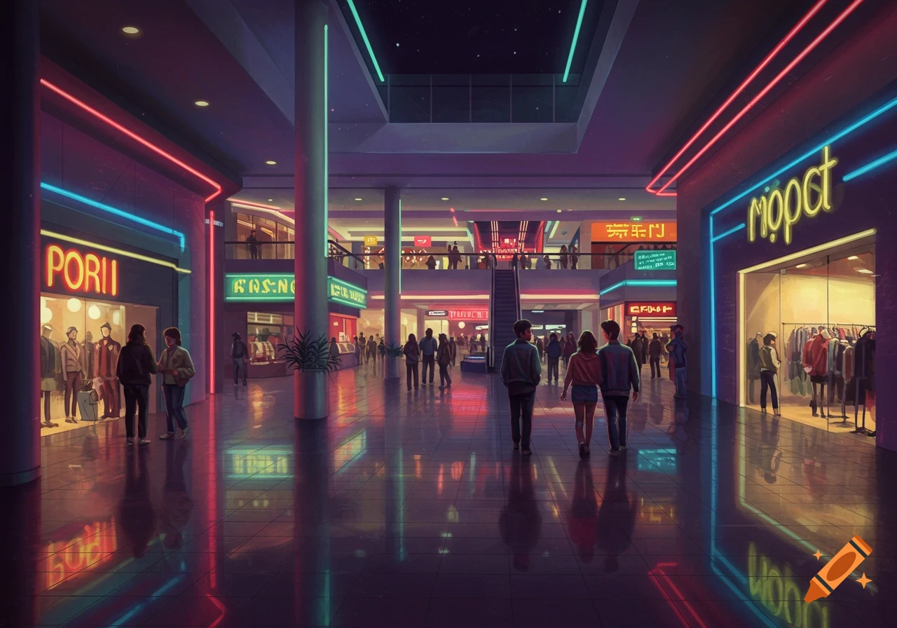 An indoor mall scene at night with neon lights in a retrowave 1980s style. People walk through the brightly lit corridors.