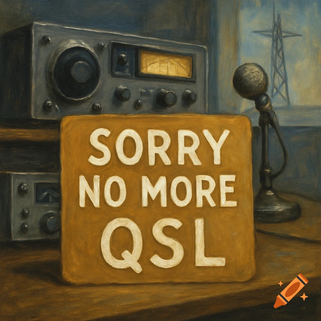 Oil painting of a vintage radio and microphone with a 'Sorry no more QSL' sign. A power line tower is in the background.