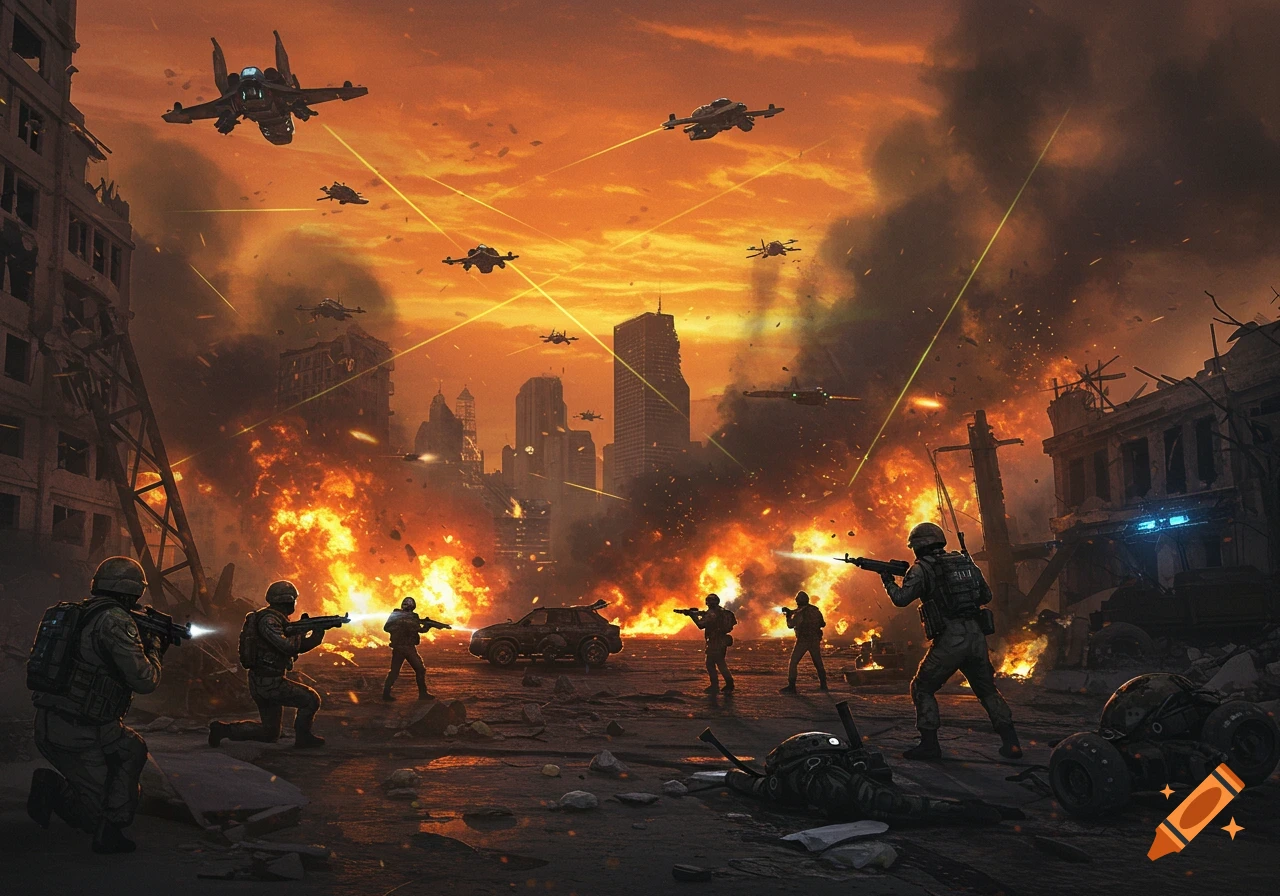 Digital illustration of soldiers battling in a war-torn city with futuristic aircraft and large explosions under an orange sky.