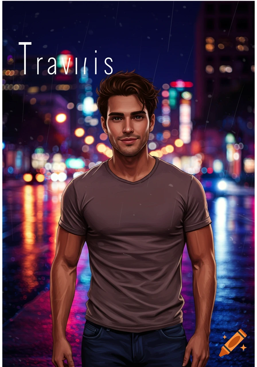 Stylized illustration of a man named Travis standing on a wet city street at night.