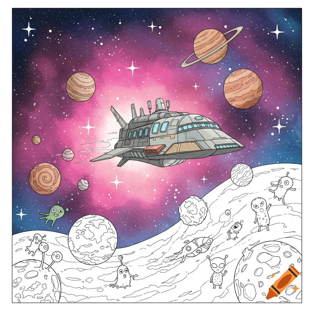 A spaceship flies over a moon surface populated by cartoon aliens, with planets and a colorful nebula in the background. Coloring book style.
