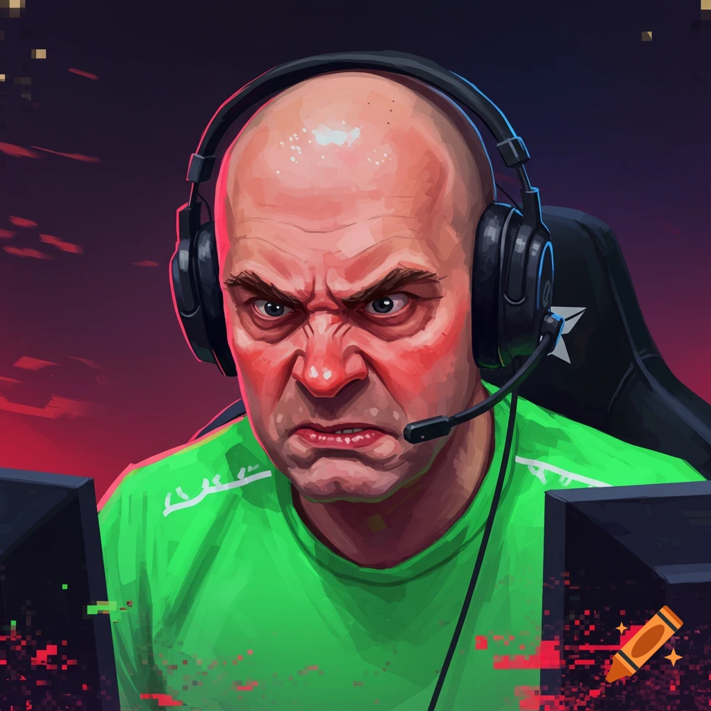 Illustration of a bald angry gamer wearing headphones