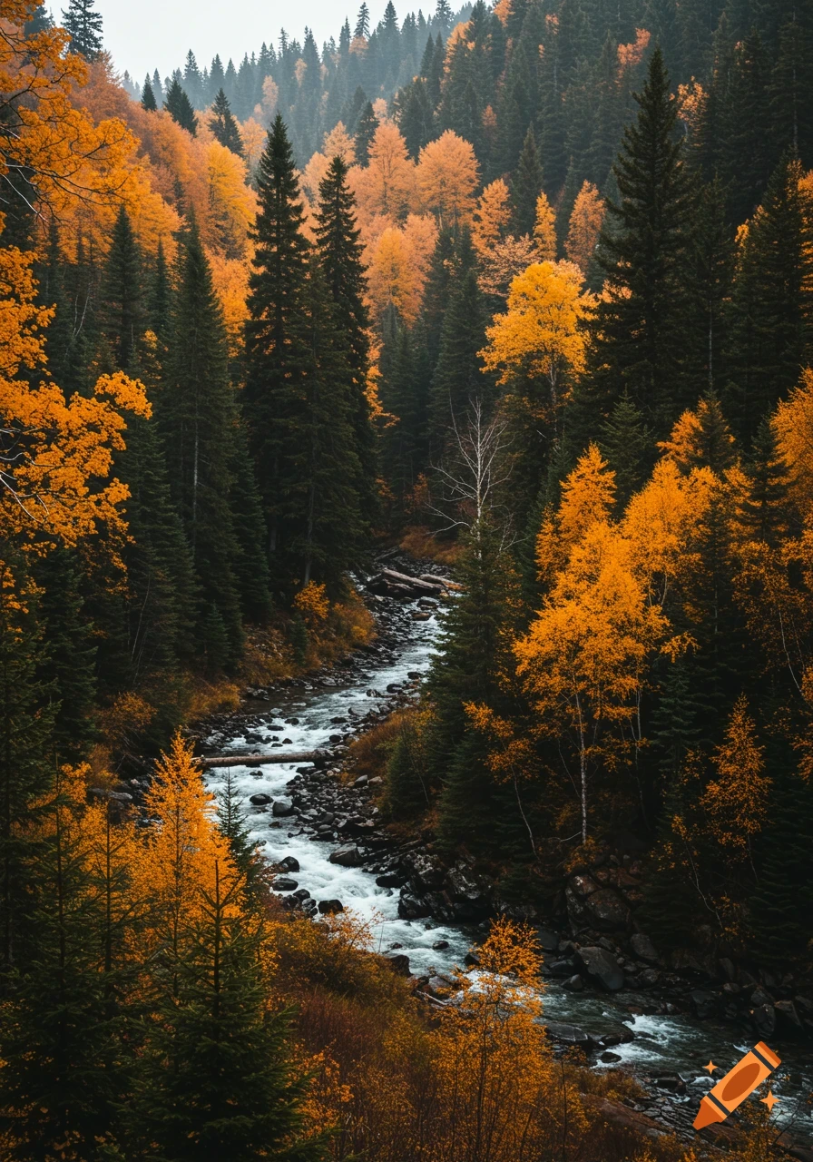 A river flows through a vibrant autumn forest with tall evergreen and golden-leaved trees under a bright sky.