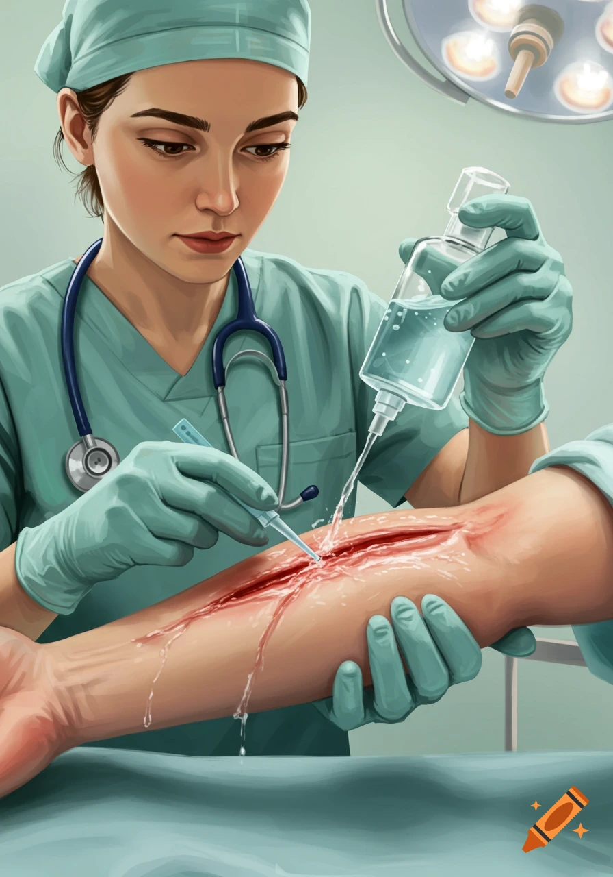 A surgeon in teal scrubs irrigates a deep wound on a patient's arm with saline solution.