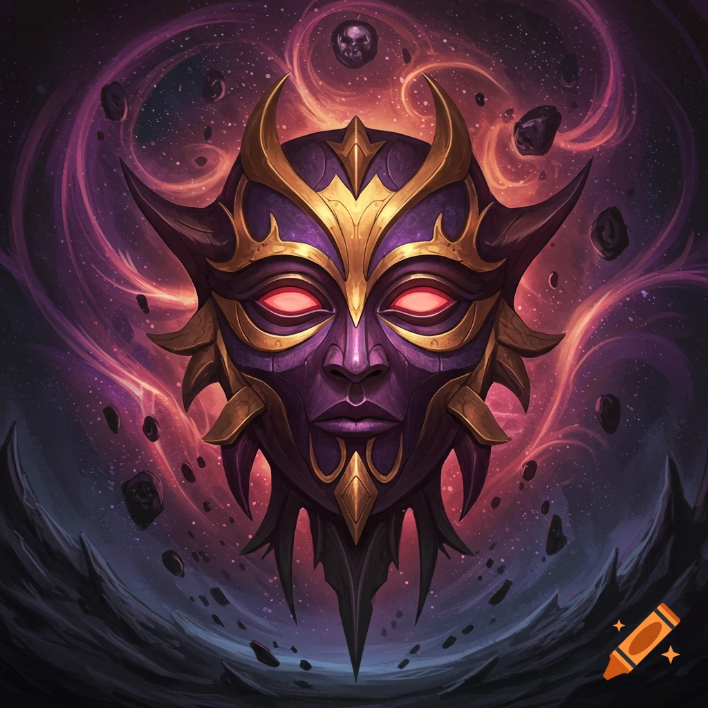A vibrant purple and gold ornate mask with glowing red eyes floats in a swirling cosmic space with asteroids, in a fantasy art style.