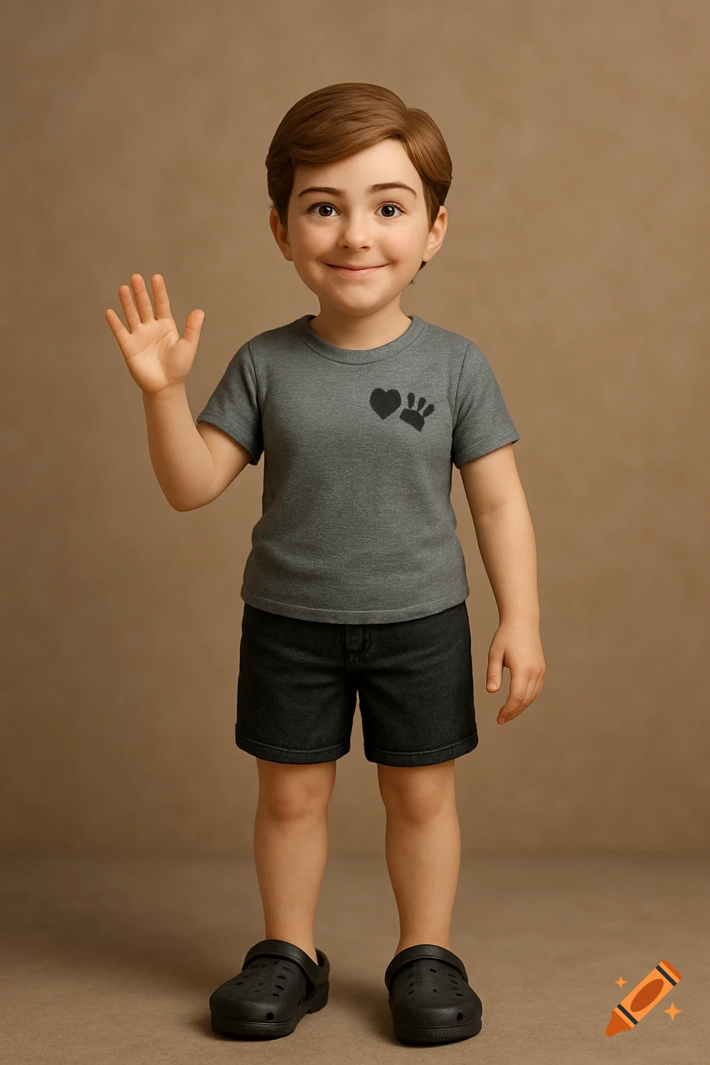 A smiling boy, stylized like an action figure, waves in a grey shirt with a heart and paw print, black shorts, and black Crocs.