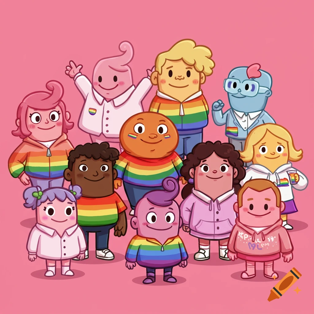 Ten diverse cartoon characters with rainbow-patterned clothing on a pink background.
