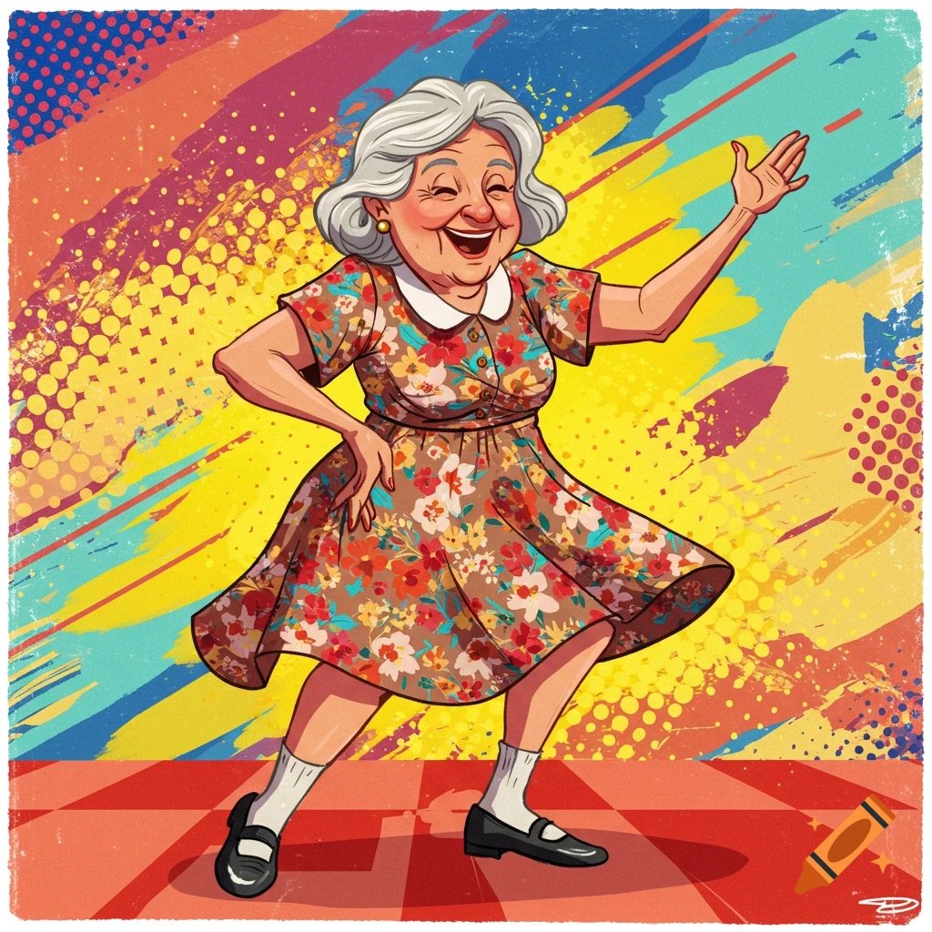 A cheerful elderly woman with white hair, wearing a floral dress, dances energetically on a red and white checkered floor, against a vibrant, colorful abstract background.