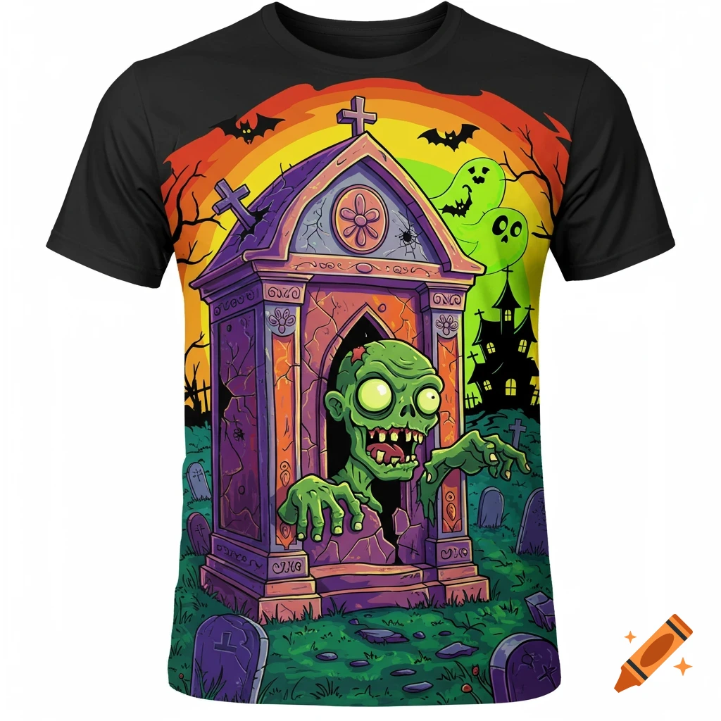 Cartoon zombie emerging from a mausoleum in a cemetery with ghosts and bats under a vibrant sky, designed for a t-shirt.