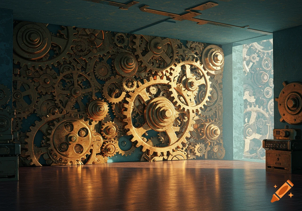 A room with a wall covered in brass gears and cogs, in a steampunk style.