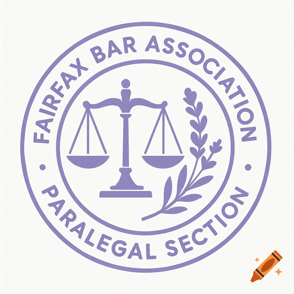 Lavender logo for Fairfax Bar Association Paralegal Section featuring scales of justice and a leafy branch within a circle.