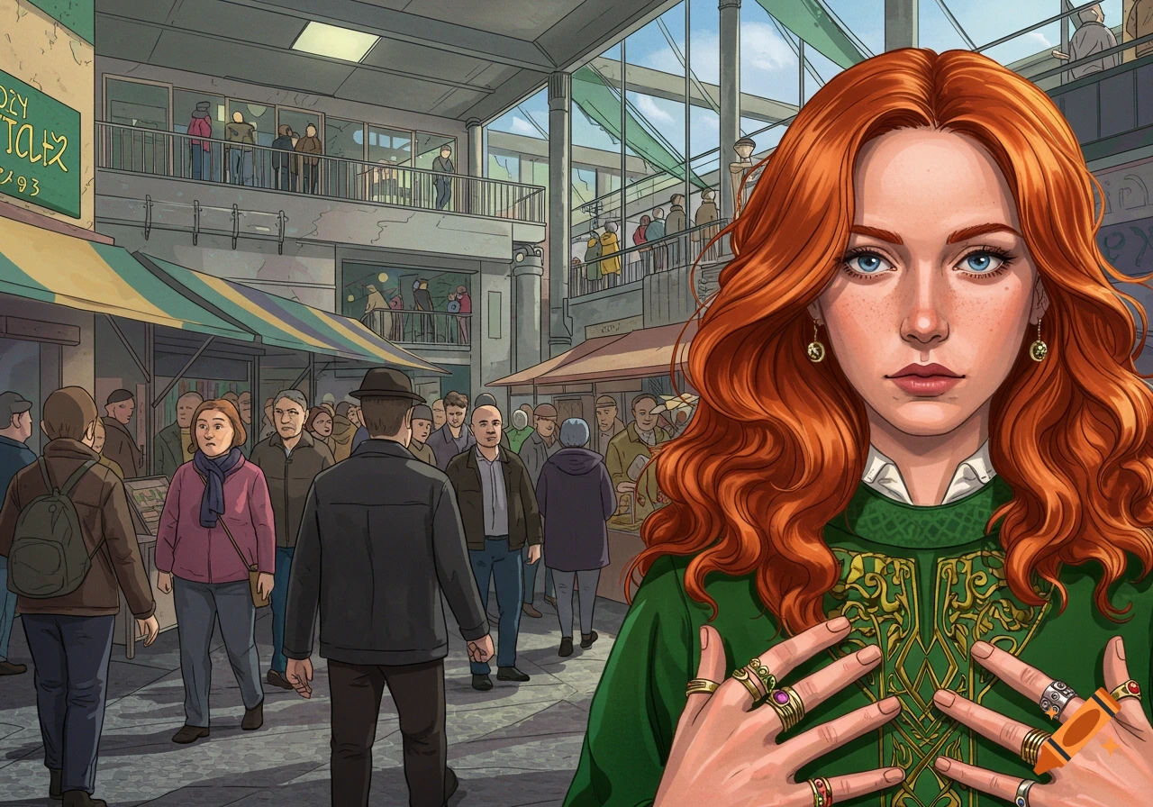 Illustrated portrait of a woman with red hair and blue eyes in a green garment in a busy marketplace.