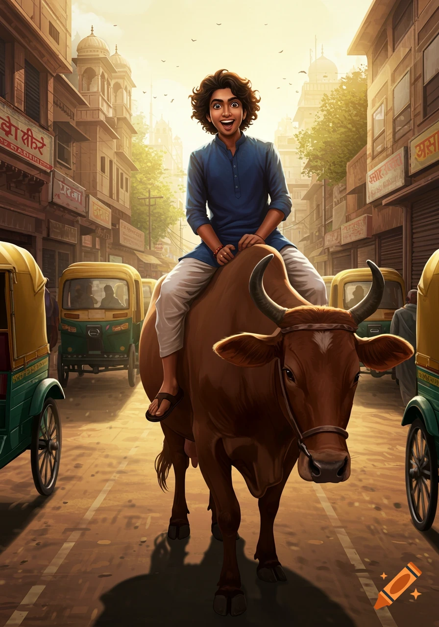 A smiling Indian man rides a brown cow down a bustling city street with auto-rickshaws and buildings.