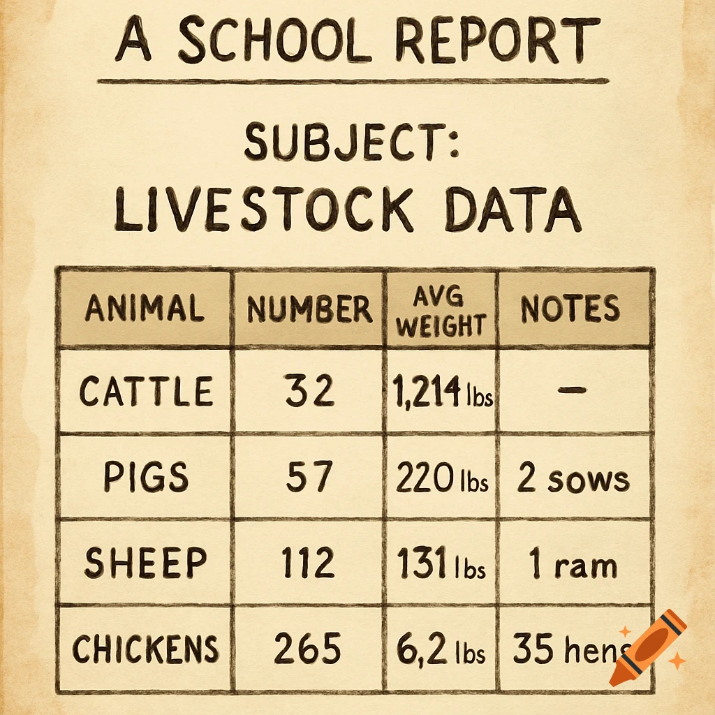 A school report titled "A School Report Subject: Livestock Data" with a table listing animal types, numbers, average weights, and notes.