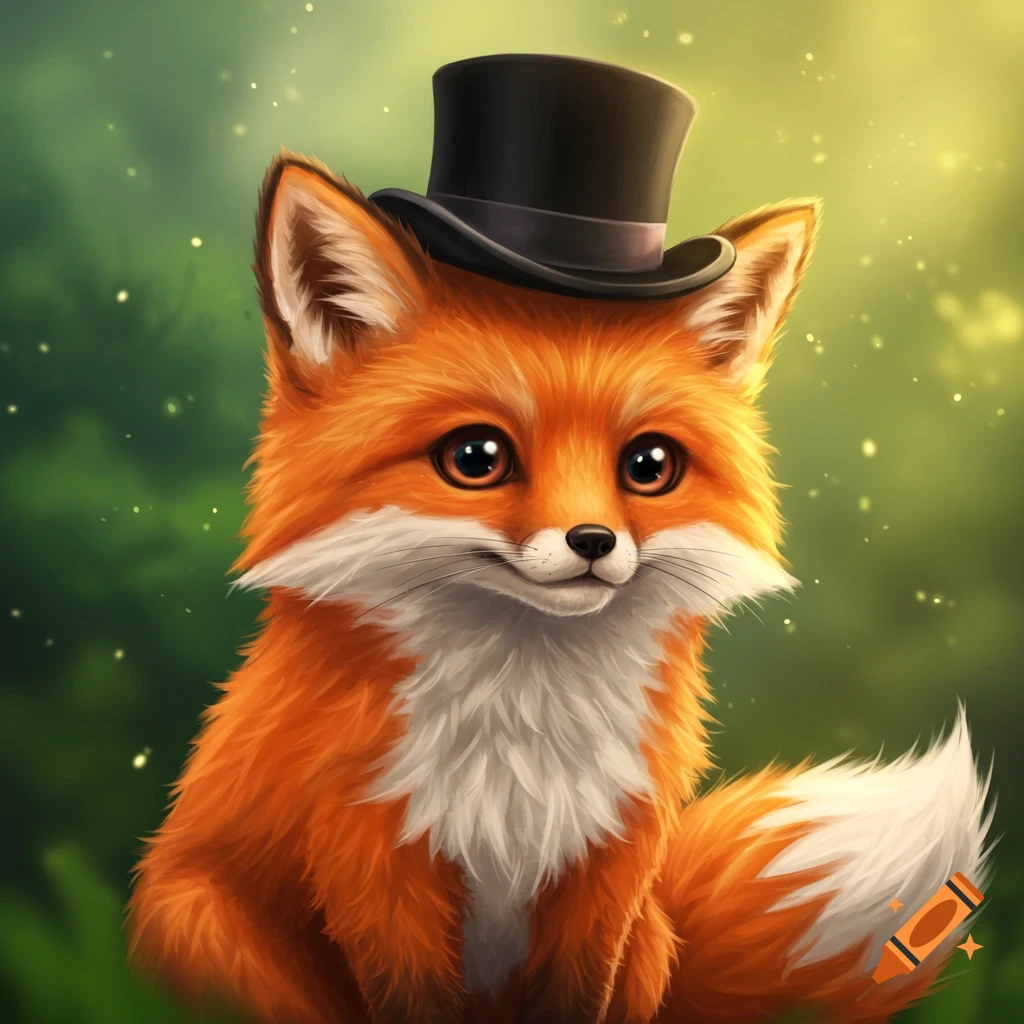 A cute orange and white fox with big eyes wearing a black top hat, in a blurred green forest.