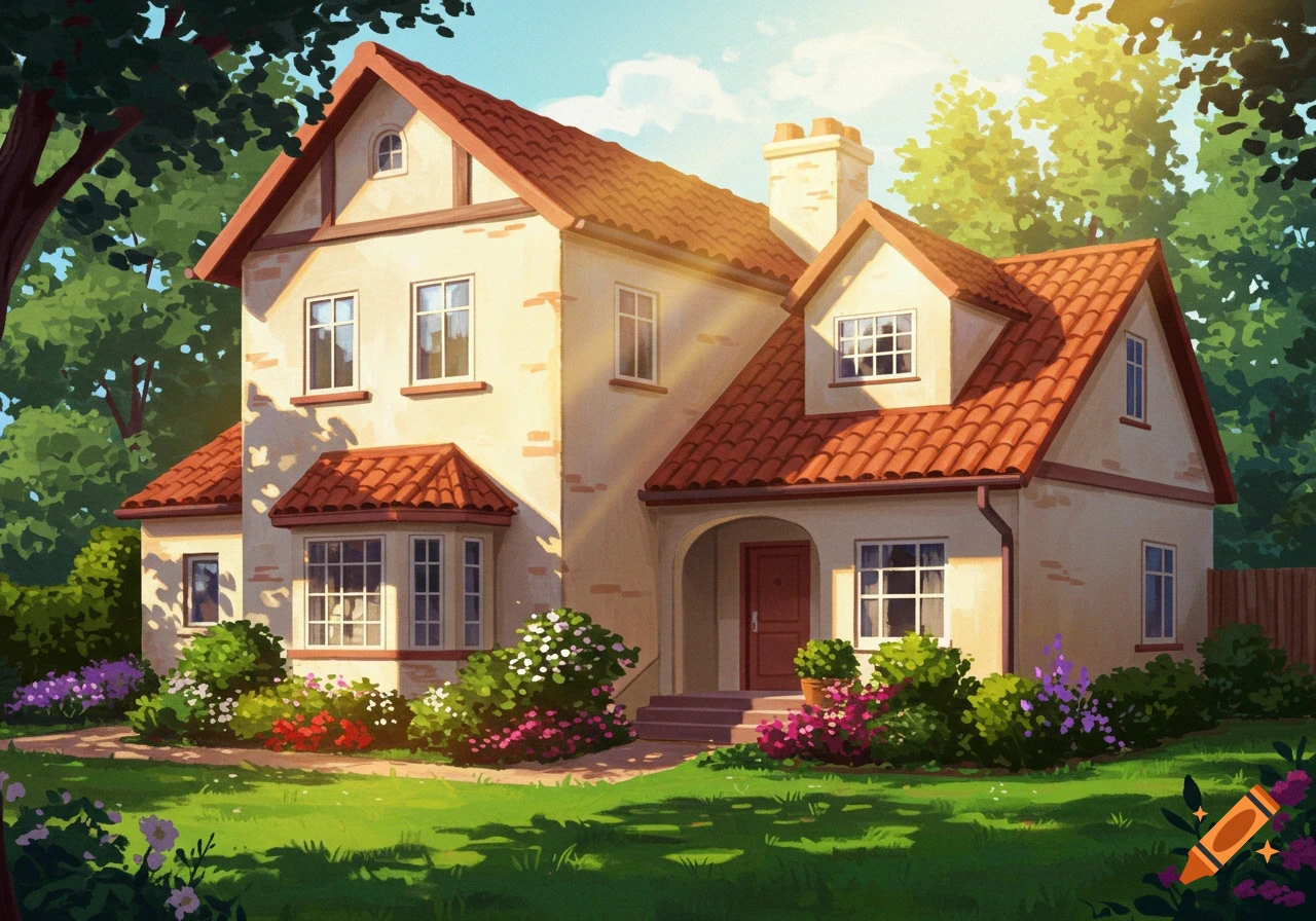 A charming house with a red tiled roof surrounded by a lush green garden and colorful flowers under bright sunlight in a painterly style.