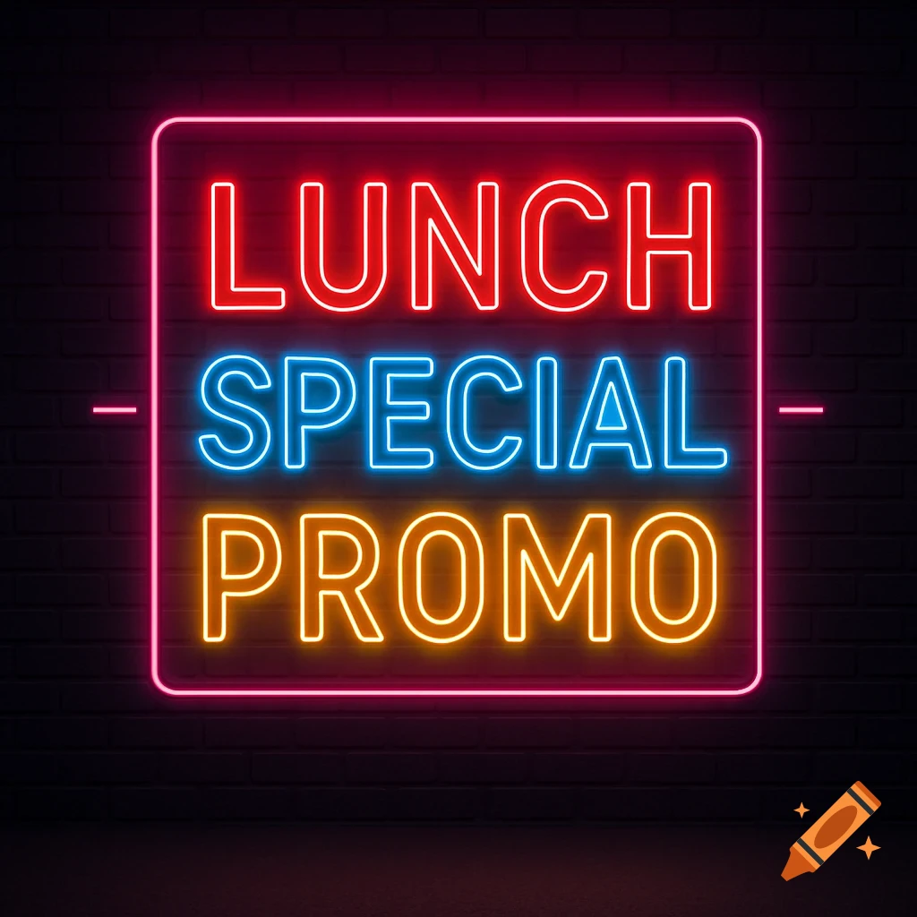 A vibrant neon sign on a dark brick wall displaying 'LUNCH' in red, 'SPECIAL' in blue, and 'PROMO' in orange.