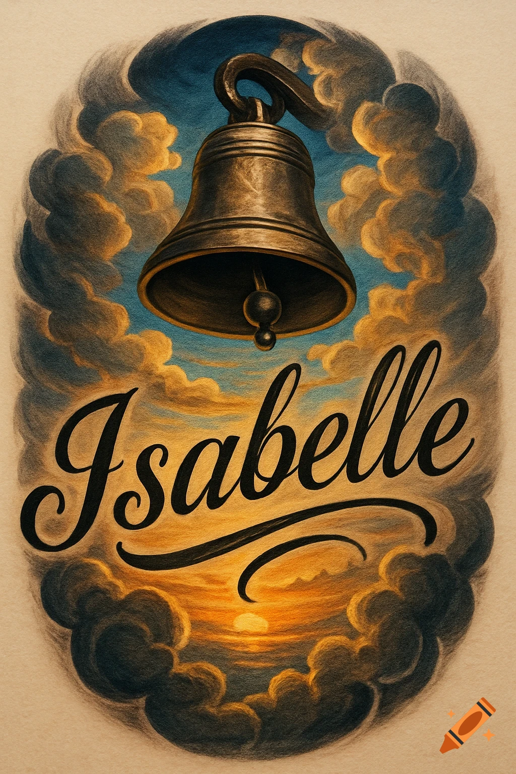 An illustrative image of a bronze bell suspended in a blue sky with clouds and a sunset, above the script name Isabelle.