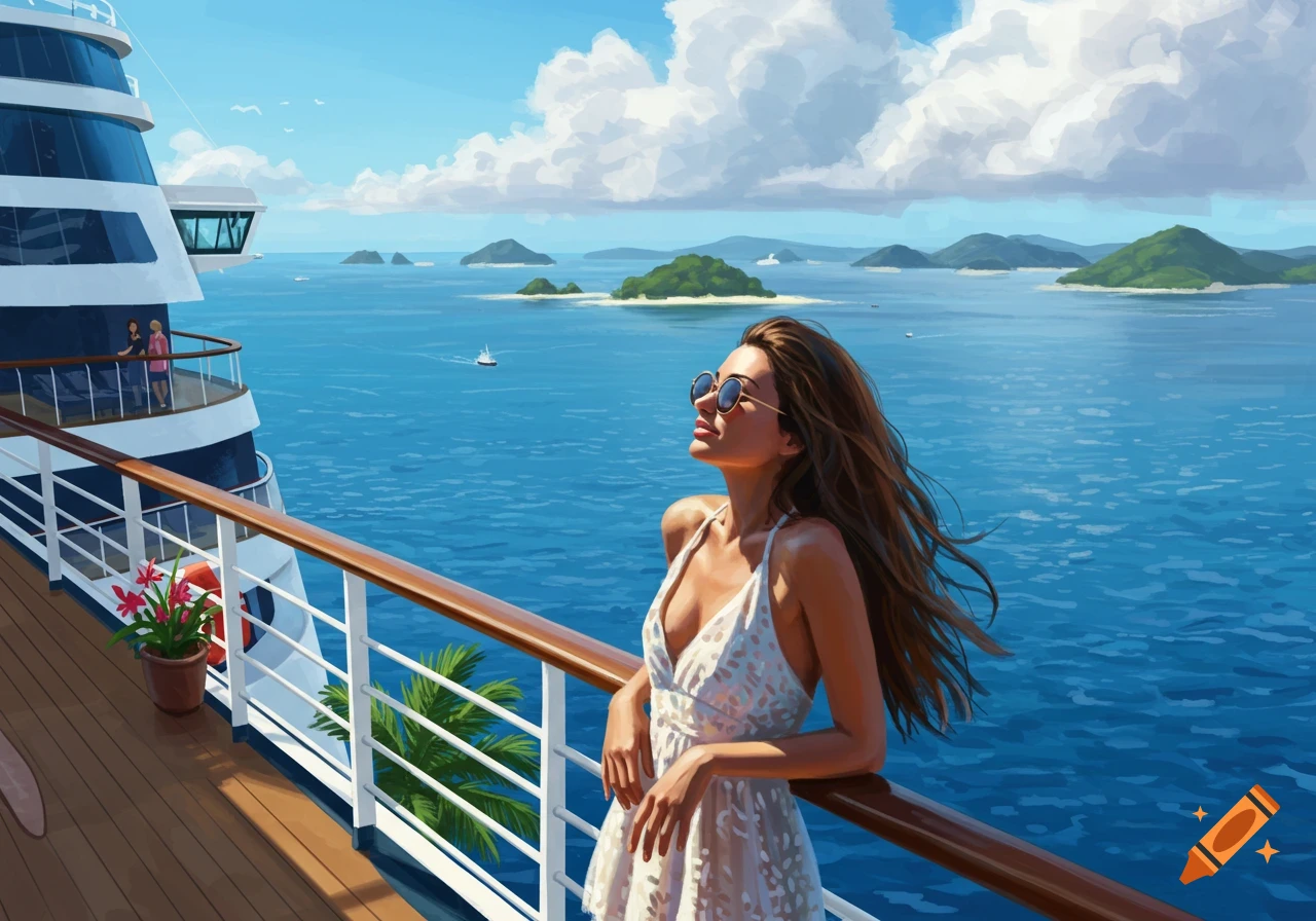 A woman enjoys the sun on a cruise ship deck overlooking the ocean and islands.
