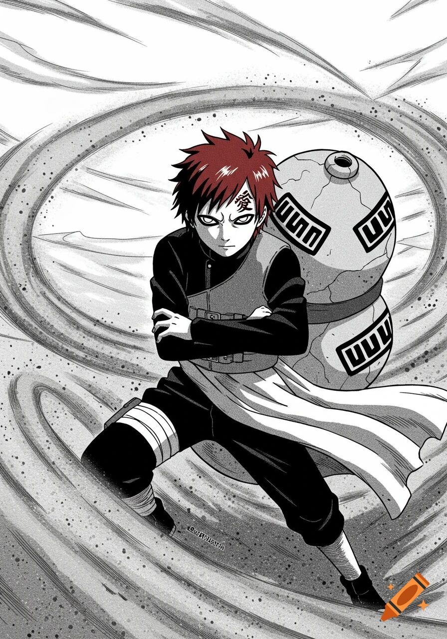 Manga-style illustration of Gaara from Naruto, with red spiky hair and a kanji symbol on his forehead, surrounded by swirling sand.