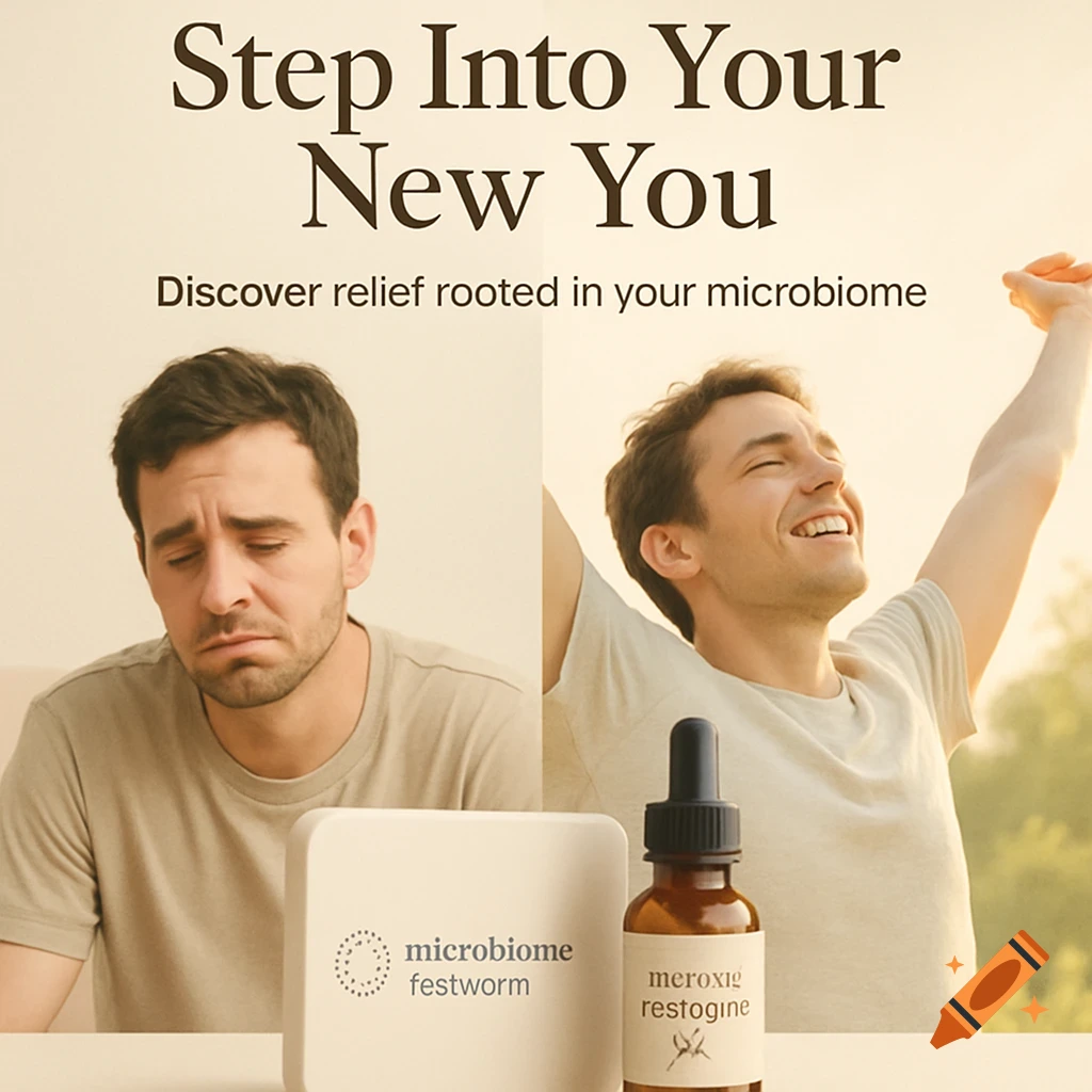A split image showing a sad man on the left and the same man smiling and stretching in sunlight on the right, with a microbiome kit and tincture bottle in the foreground. Overlay text reads "Step Into Your New You" and "Discover relief rooted in your microbiome."