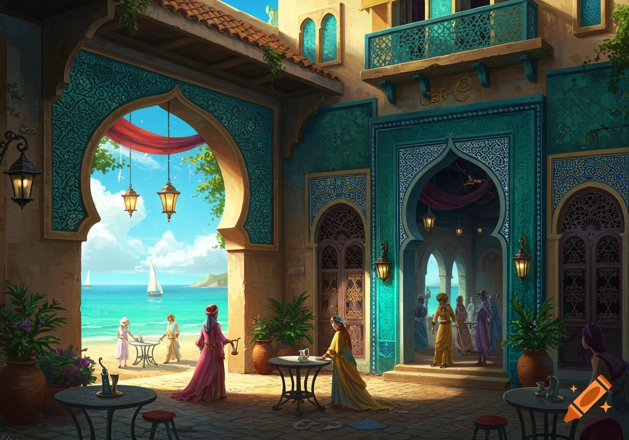 Fantasy illustration of a Moroccan-style cafe exterior by the ocean with people