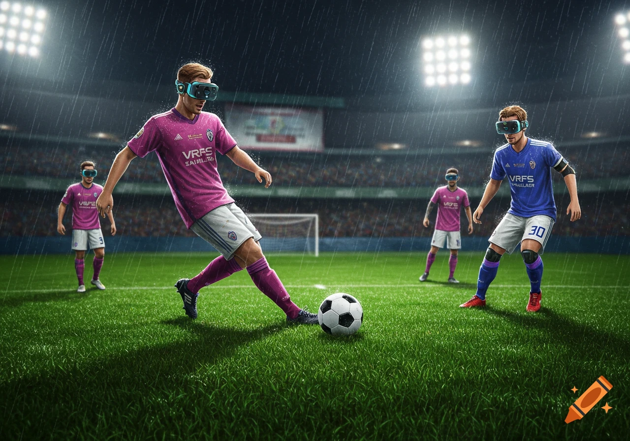 Soccer players wearing VR headsets play on a rainy stadium field at night, illuminated by stadium lights.