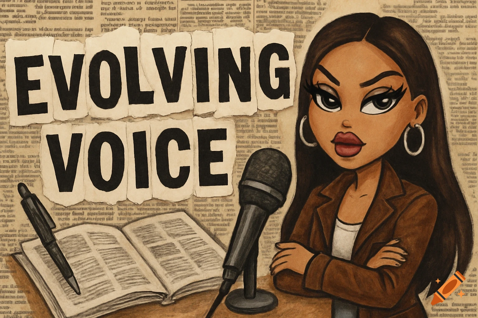 A stylized cartoon journalist with long dark hair and hoop earrings, wearing a brown jacket, stands next to a microphone. Behind her, torn paper strips spell 'EVOLVING VOICE' over a background of newspaper text. An open book and pen are on a table.