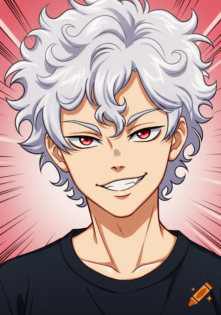 Anime portrait of a young man with white curly hair, red eyes, and a smirk against a pink background.