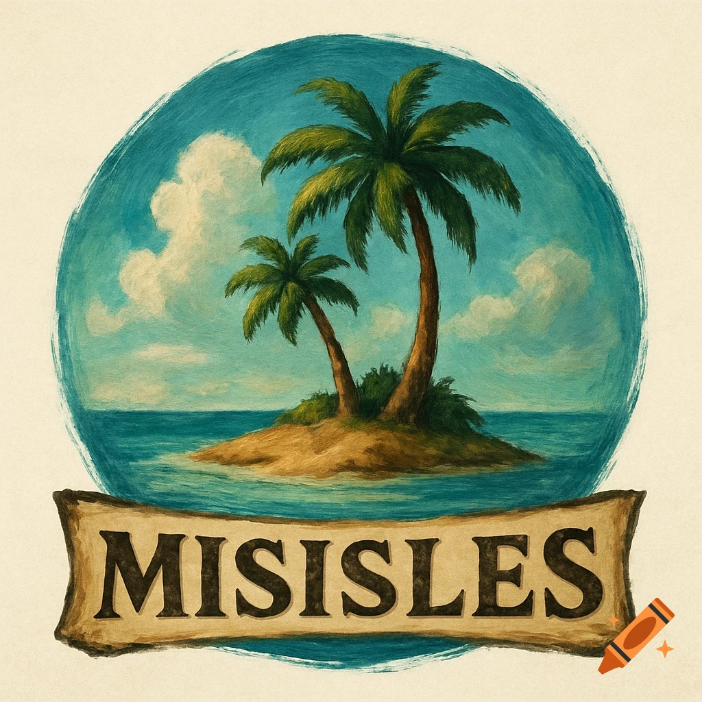 Logo of a tropical island with palm trees and 'MISISLES' text, in a drawing style