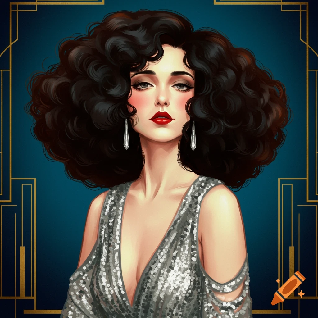 A stylized Art Deco portrait of a woman with voluminous curly black ...