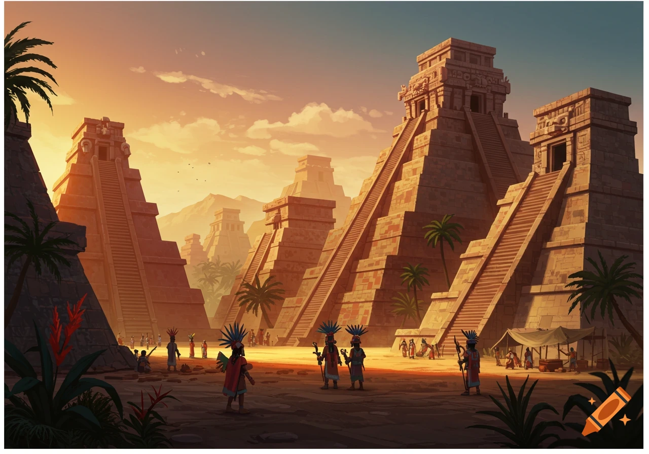 An ancient Aztec city at sunset, featuring large stone pyramids, palm trees, and people in traditional attire.