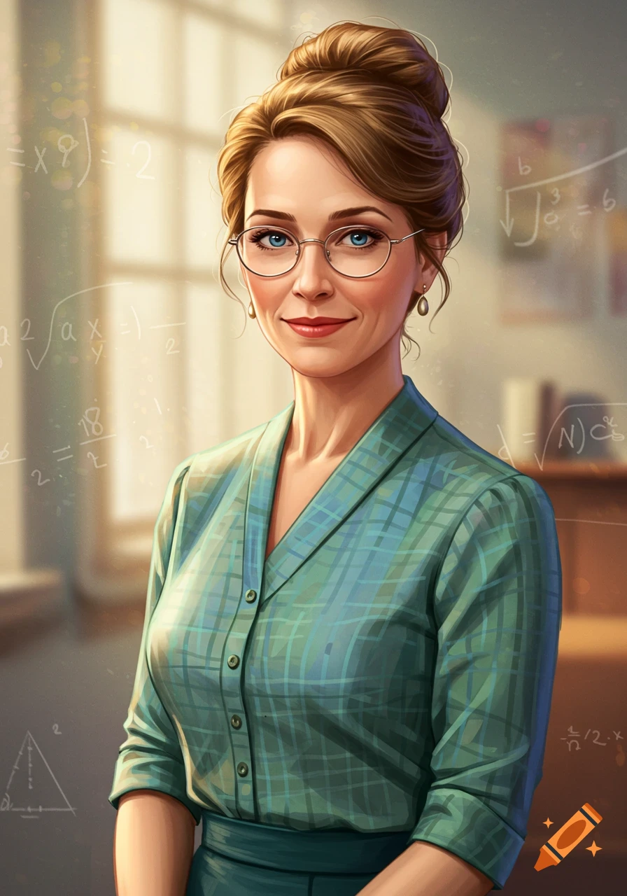 Portrait of a female teacher with glasses and hair in a bun, standing in front of math equations.