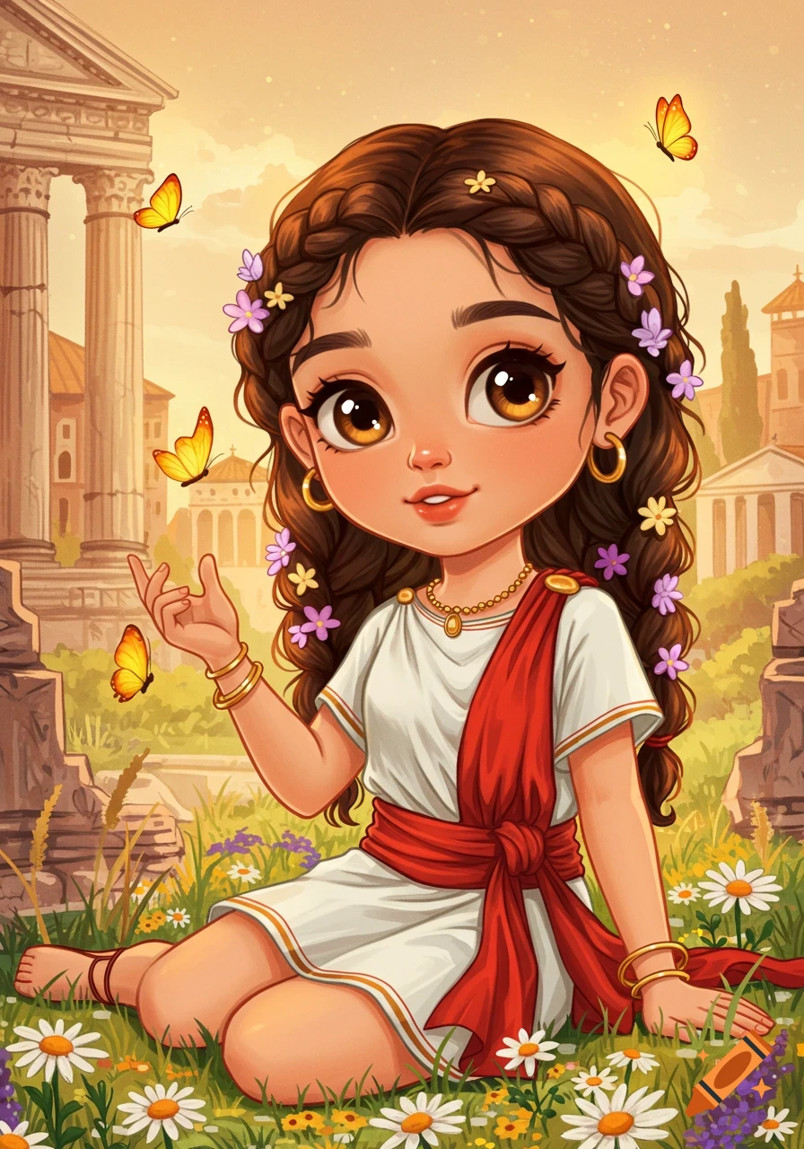 Cute cartoon illustration of a girl in Roman dress sitting among flowers and butterflies with ruins in the background.