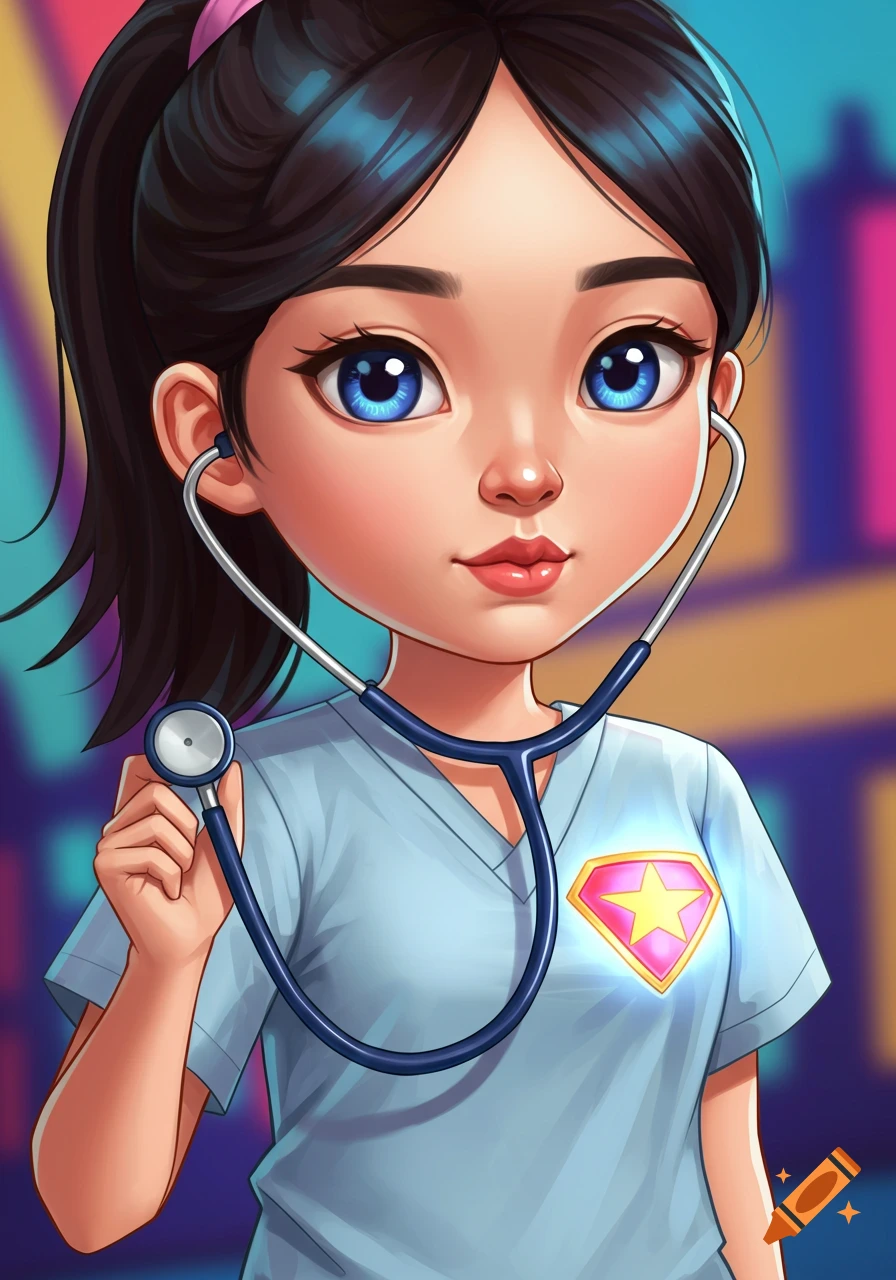Cartoon illustration of a cute Asian female doctor with blue eyes and dark hair, wearing light blue scrubs with a glowing pink superhero badge.