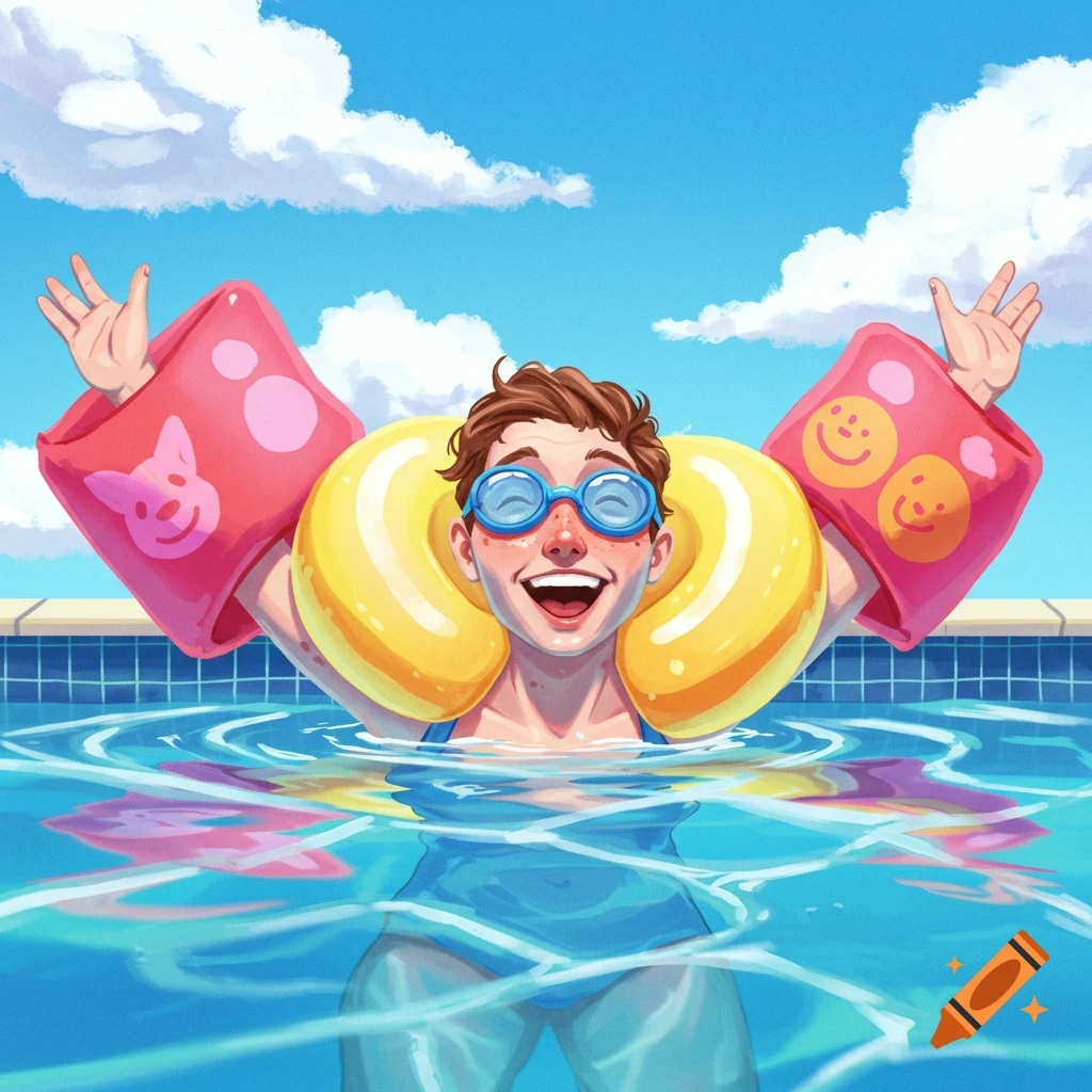 A happy person with swimming goggles, arm floaties, and a swim ring in a pool under a blue sky, illustrated.
