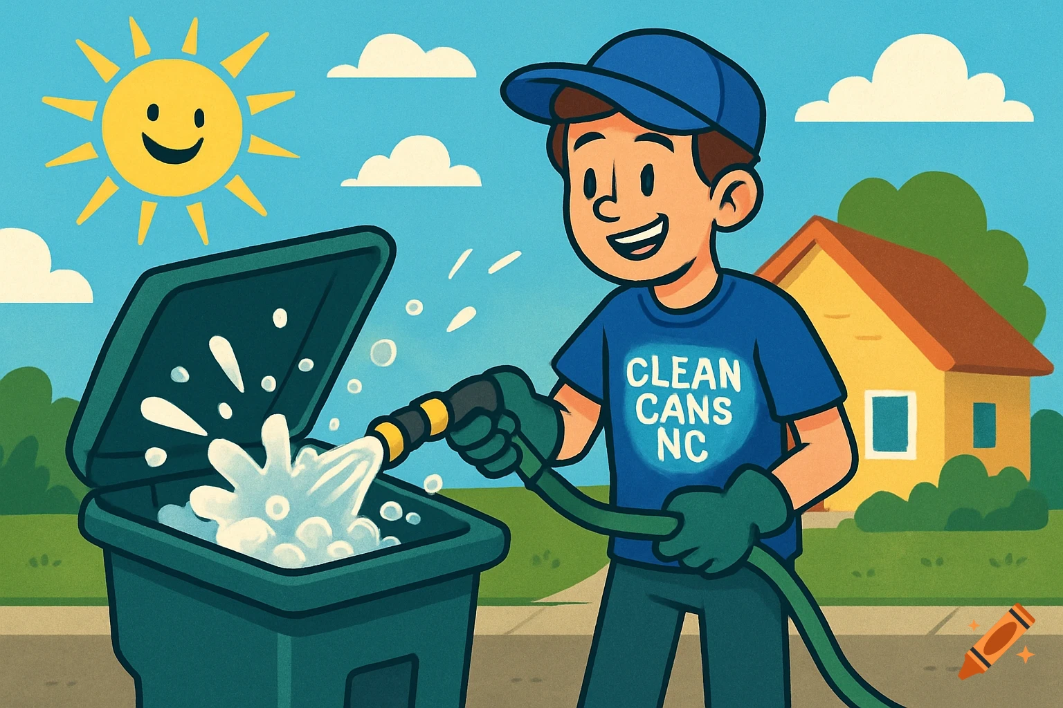 Cartoon illustration of a person cleaning a trash can with a hose on a sunny day. They wear a shirt that says "Clean Cans NC".