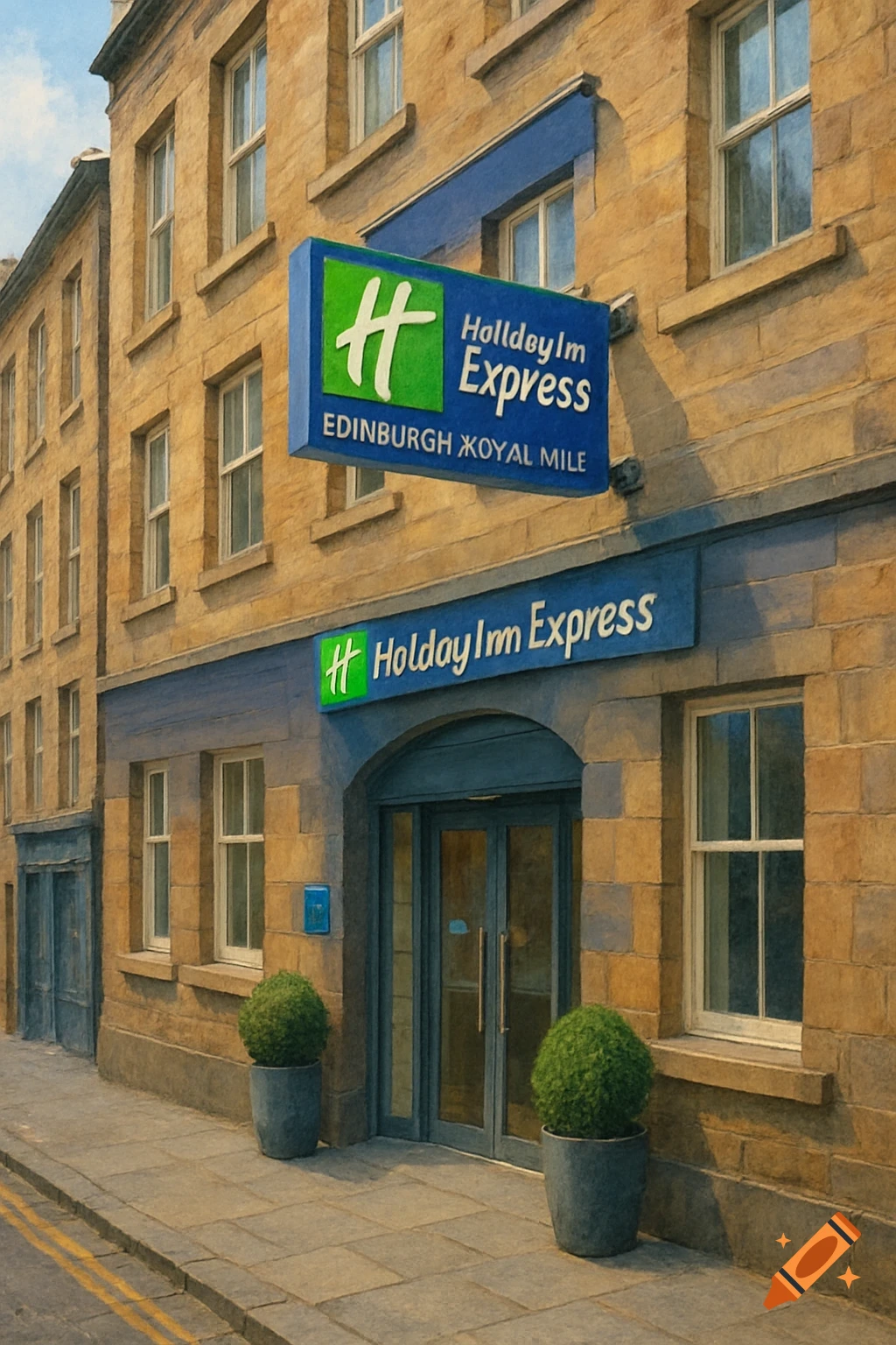 A Holiday Inn Express hotel building with stone facade, blue signs, and potted plants on the sidewalk.