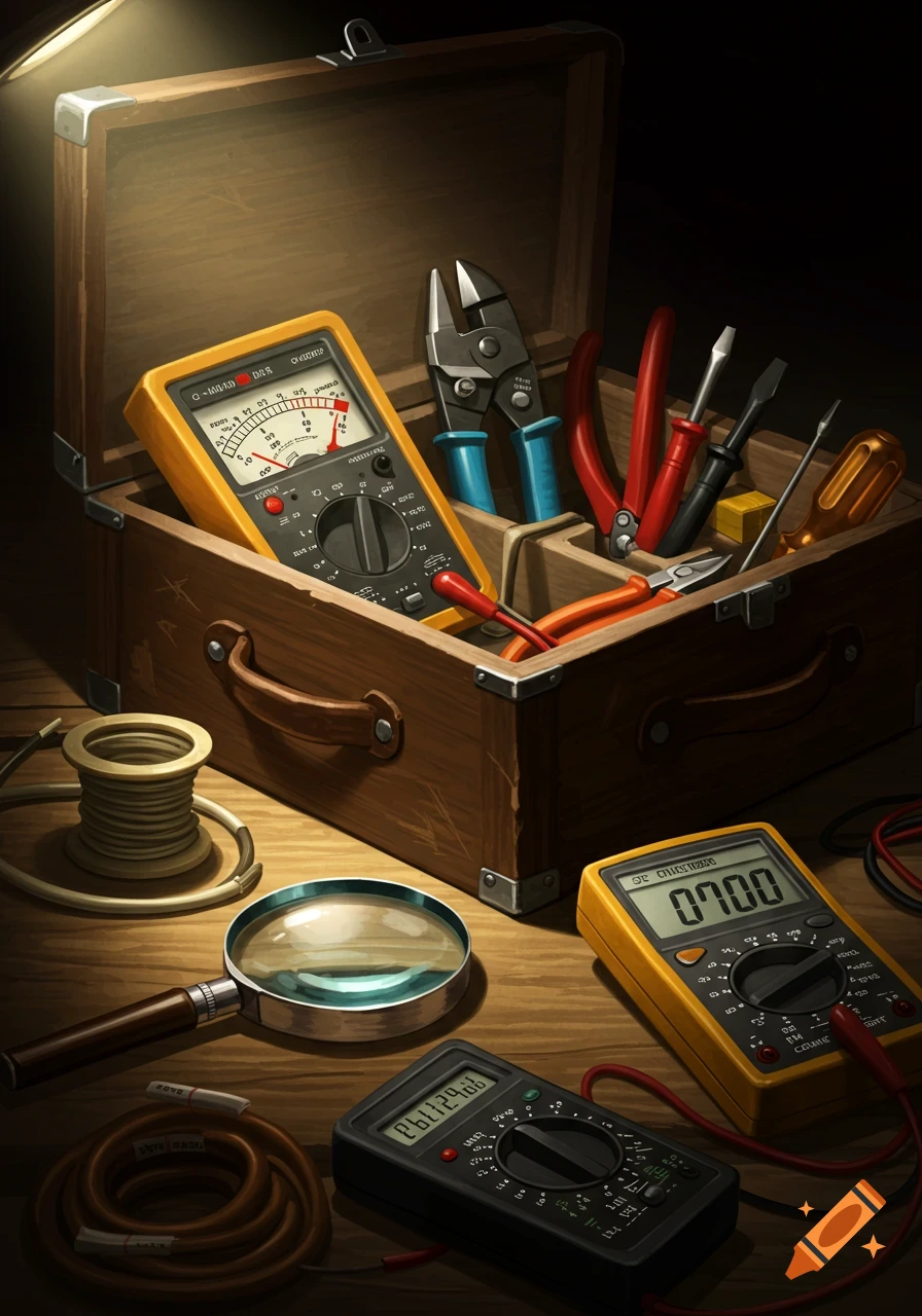 A close-up view of various tools, including multimeters, pliers, and screwdrivers, in and around an open wooden toolbox.